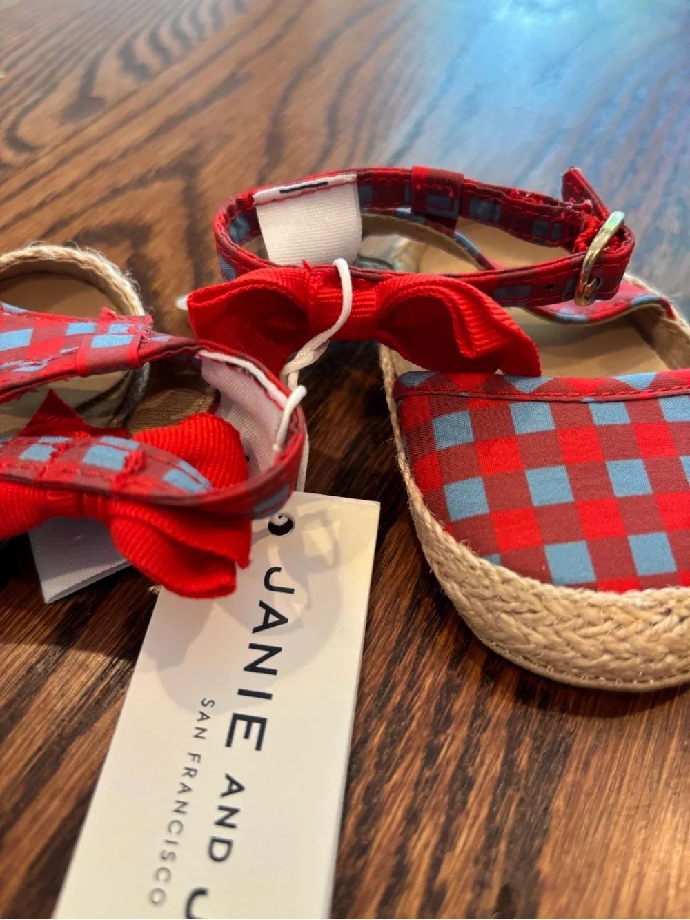 Janie and Jack Red and Light Blue Plaid Espadrille Baby Sandals